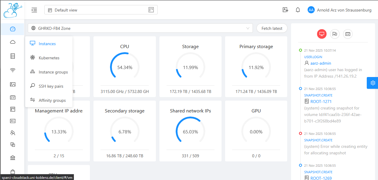 CloudStack Instanzen-Ansicht